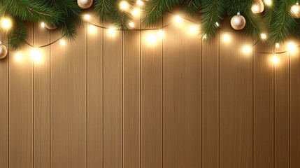 Fototapeta premium This charming backdrop features a rustic wooden surface adorned with a pine garland, accented by twinkling lights, ideal for capturing the spirit of Christmas