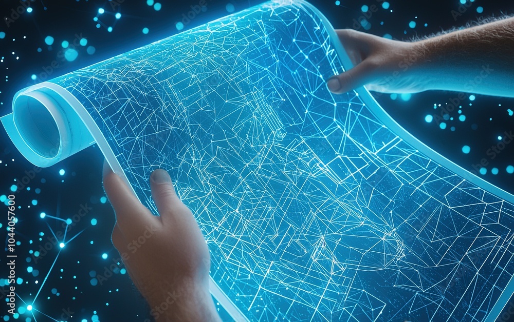 Poster a person examining a glowing digital blueprint showcasing intricate network patterns in a futuristic