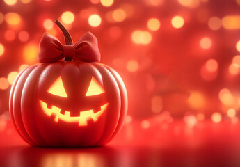 Halloween background design with a spooky pumpkin and glowing lights design, on a red backdrop with a copy space area for text design