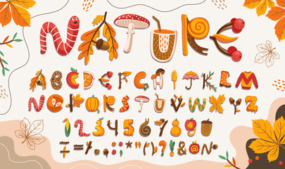 Cartoon fall autumn font, Thanksgiving type, autumnal funny alphabet letters and numbers of autumn leaves, mushrooms, raindrops. Vector typography alphabet characters font, thanksgiving pie and apples
