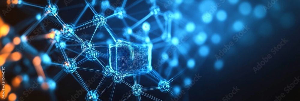 Poster abstract technology background. glowing blue cube shape with data flow on a network design.