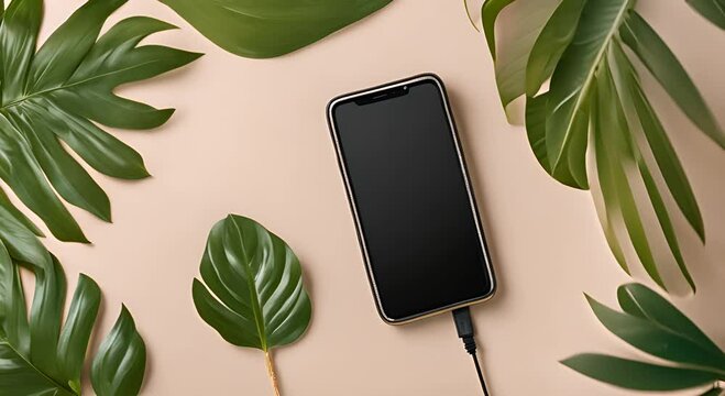 Modern smartphone with a black screen surrounded by tropical leaves and a straw hat on a light background arranged in a flat lay style 4K