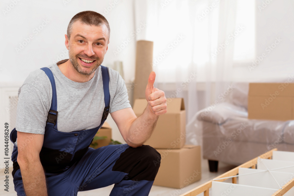 Poster cheerful carpenter gesturing thumbs up assembling shelf during renovation working indoors, smiling t