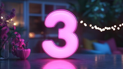 Glowing Number Three 3 for Nighttime Birthday Party, Event Anniversary , Pink Light Design
