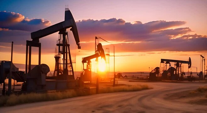 Oil Pump Jacks and Derricks at Sunset in Industrial Landscape 4K