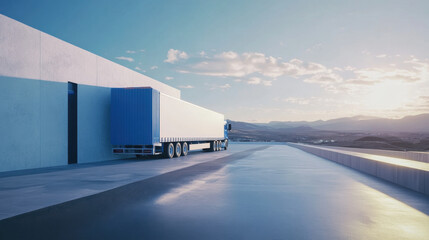 Obraz premium realistic scene featuring blue and white truck parked beside modern building, with serene landscape in background. sunlight casts warm glow, enhancing minimalistic design