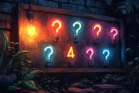 Trivia quiz with question marks and lightbulbs.