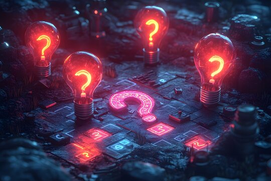 Trivia quiz with question marks and lightbulbs.