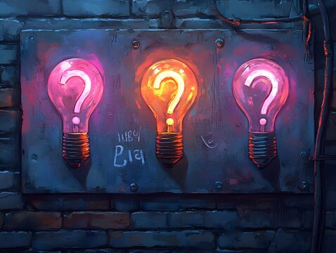 Trivia quiz with question marks and lightbulbs.