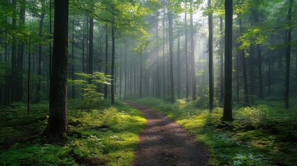 Obraz premium A foggy forest path with sunlight filtering through the trees.
