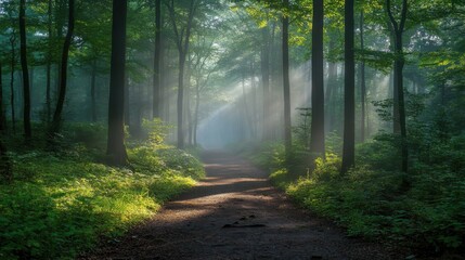Obraz premium A foggy forest path with sunlight filtering through the trees.