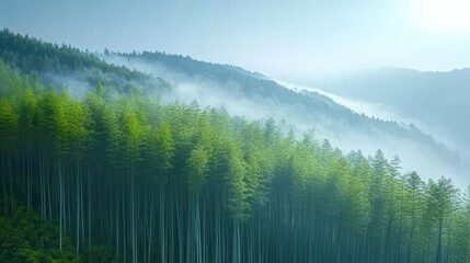 Fototapeta premium A foggy morning in a tranquil bamboo grove.