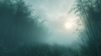 Obraz premium A foggy morning in a tranquil bamboo grove.