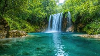 Fototapeta premium A peaceful waterfall cascading into a crystal-clear pool.