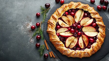 Apple and cranberry galette with golden pastry edges, on a gray stone surface, surrounded by fresh cranberries and a sprinkle of cinnamon