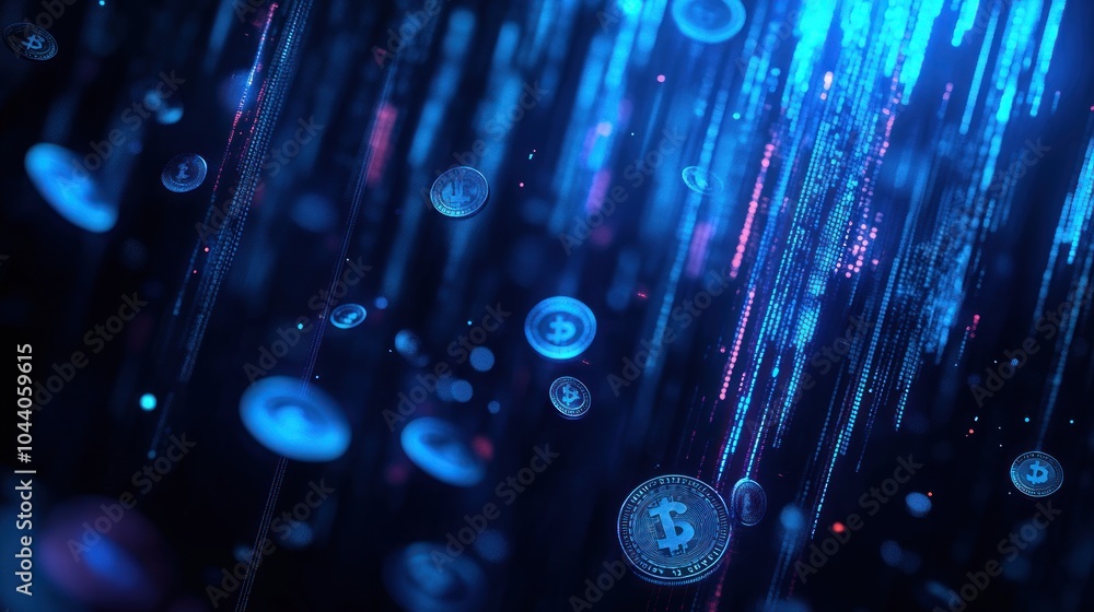 Poster abstract digital representation of floating cryptocurrency coins in a blue, glowing environment.