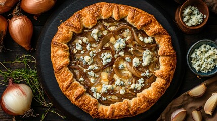Caramelized onion and blue cheese galette, isolated on a dark wooden board, surrounded by caramelized onion slices and crumbled blue cheese