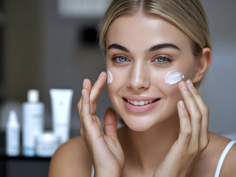 Una hermosa joven rubia aplicando crema para la piel en la cara
