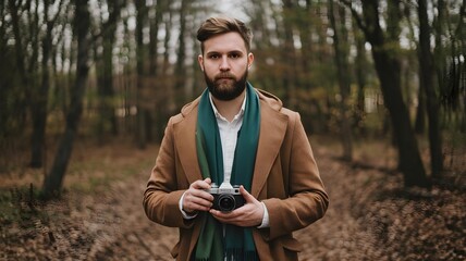 person in a wooded setting, wearing a stylish brown coat and a green scarf over a white shirt. They...