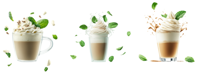 Three stylish coffee beverages with whipped cream, mint leaves, and splashes of coffee, highlighting freshness and indulgence. Ideal for cafe or dessert themes.