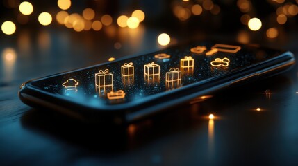 Digital gift card displayed on a smartphone screen, with glowing icons representing shopping and gifts.