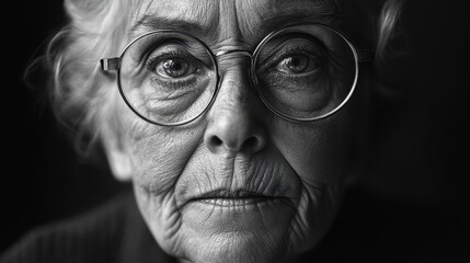 Elderly American woman with glasses and a gentle look.