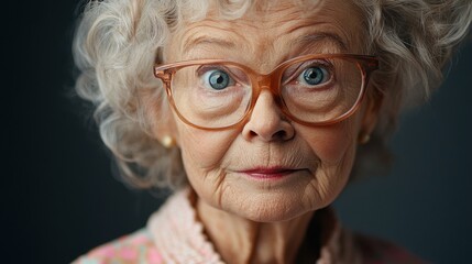 Elderly American woman with glasses and a gentle look.