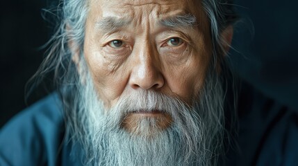 Elderly Chinese man with a long beard and a serious look.