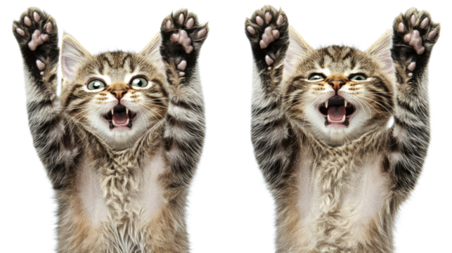 Funny Cats With Expressive Faces and Raised Paws Isolated on White Generative AI