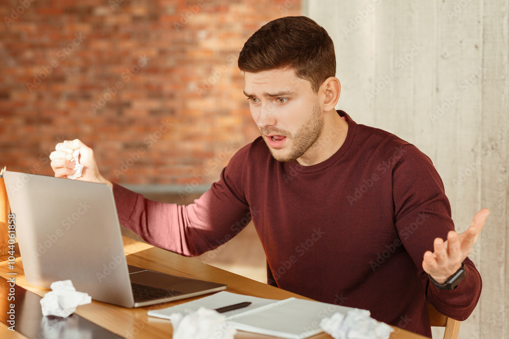 Poster error connection. emotional worker looking at laptop having problem with slow internet sitting in mo