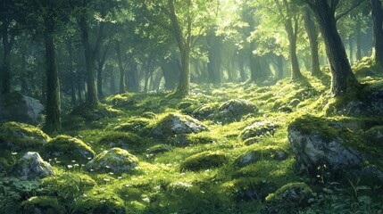 Forest glade with moss-covered rocks