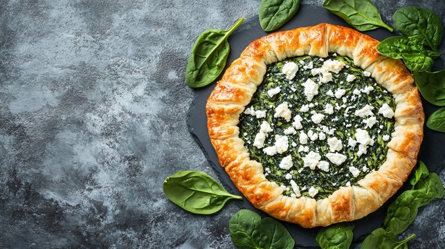 Savory spinach and feta galette, isolated on a gray stone surface, garnished with fresh spinach leaves and crumbled feta cheese