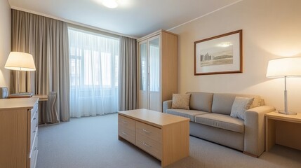 A tall, white wood wardrobe complements a serene room filled with natural light and modern furnishings, inviting a peaceful atmosphere