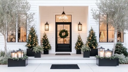 The cozy porch features lush potted Christmas trees adorned with lights, a vibrant wreath on the door, and warm holiday spirit in a welcoming outdoor setting