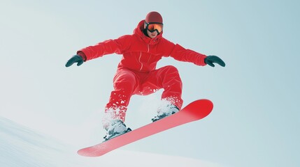 a snowboarder in the air doing a stunt on a white empty background. The snowboarder wears red