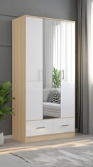 A tall, white wood wardrobe complements a serene room filled with natural light and modern furnishings, inviting a peaceful atmosphere