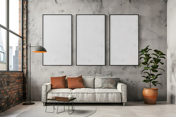 Stylish living room featuring a modern white sofa, three blank frames, and elegant decor, creating a cozy urban atmosphere.