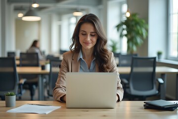 Professional in neat attire focused on laptop work in modern bright office with copy space