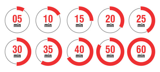 Set of timer. Countdown clock timer. Minutes counting collection. 5, 10, 15, 20, 25, 30, 35, 40, 50, 60 minutes vector illustration. 
