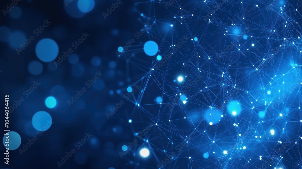 Poster abstract digital network with blue glowing nodes and connections.
