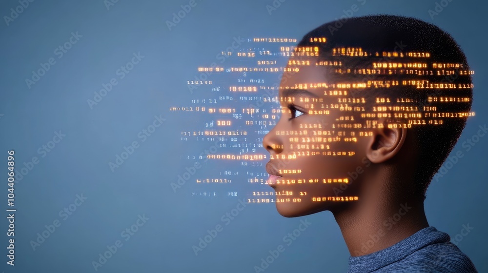 Poster the artwork features a black woman whose face displays flowing binary code, set against a vibrant bl