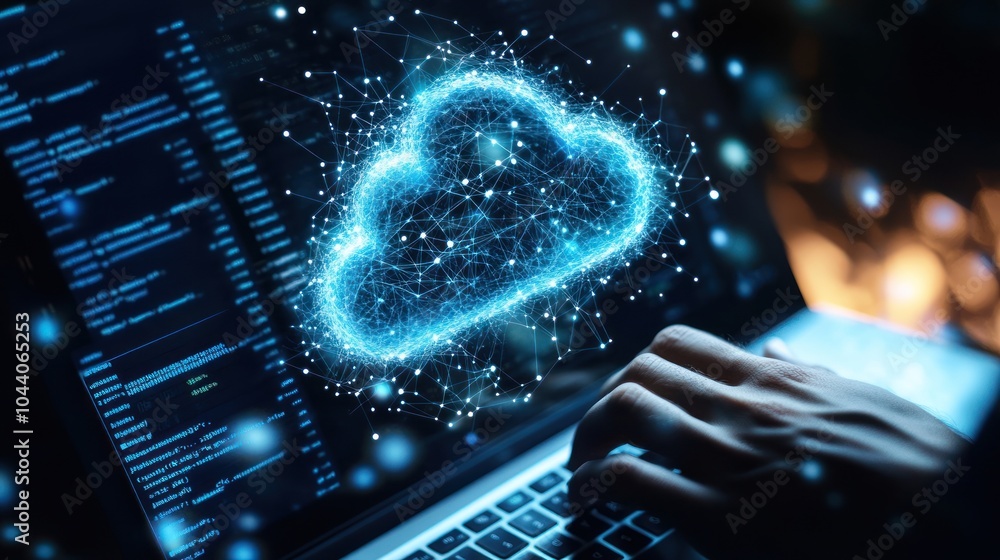 Aufkleber a digital cloud symbol over a laptop, representing cloud computing and data management.