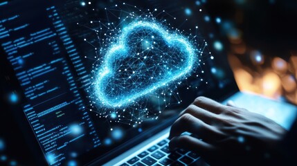 A digital cloud symbol over a laptop, representing cloud computing and data management.