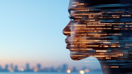 The artwork features a Black woman whose face displays flowing binary code, set against a vibrant blue background with motion effects