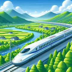 "High-Speed Bullet Train Passing Through Countryside" 
A bullet train speeding through lush green landscapes, representing fast and efficient public transport.