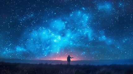 Fototapeta premium Silhouetted against the deep blue sky a solitary stargazer points towards a constellation their mind caught up in thoughts of the beyond.