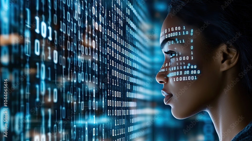 Poster the artwork features a black woman whose face displays flowing binary code, set against a vibrant bl