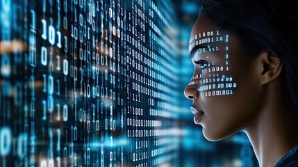The artwork features a Black woman whose face displays flowing binary code, set against a vibrant blue background with motion effects