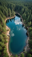 Tranquil lake reflecting forest and clouds