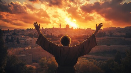 prophet man in Hebrew clothes raising his hands over the people of Israel
